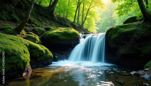 A waterfall tumbles over moss-covered rocks into a quiet stream, forest canopy, waterfall, glistening