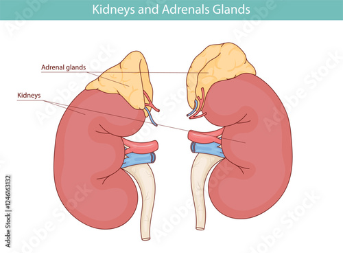 Medical illustration of adrenal glands and kidneys drawn by hand.