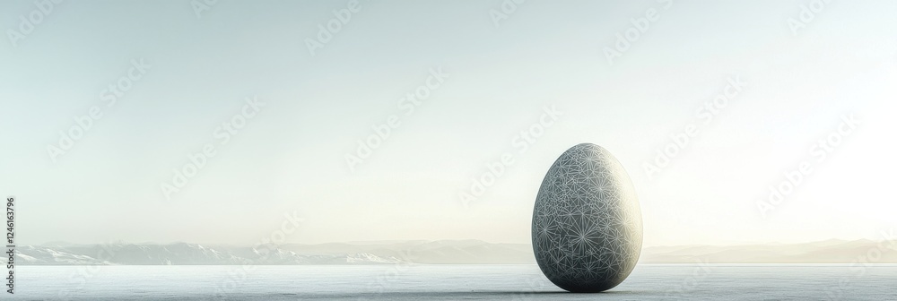 Futuristic metallic egg sculpture on vast desert landscape with mountains in background Futuristic metallic egg sculpture on vast desert landscape with mountains in background