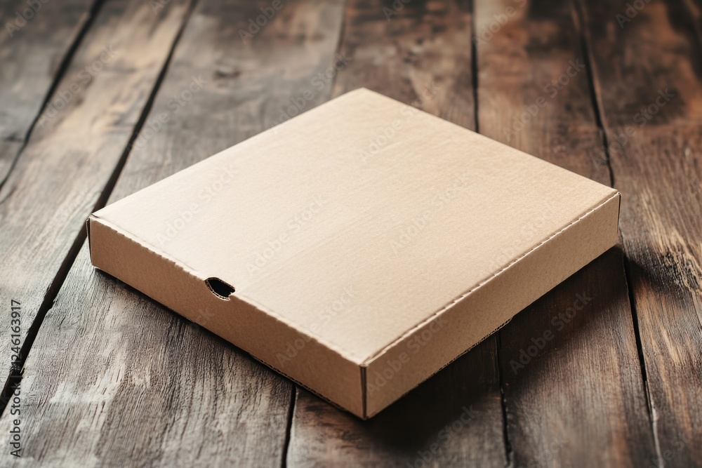 Fototapeta premium Empty Pizza Box on Wooden Table