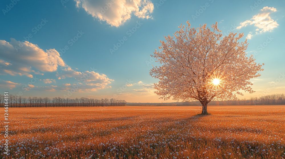 Scenic Spring Sunset Landscape with Blooming Tree in Field Sky View White Rural Nature Serene Golden Scenic Spring Sunset Landscape with Blooming Tree in Field Sky View White Rural Nature Serene Golden