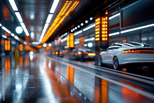 A futuristic underground parking garage with sleek cars, illuminated by vibrant orange lights reflecting on shiny surfaces.