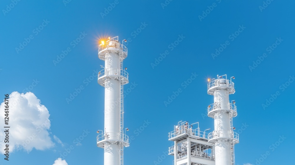 Industrial towers against blue sky, sunny day Industrial towers against blue sky, sunny day