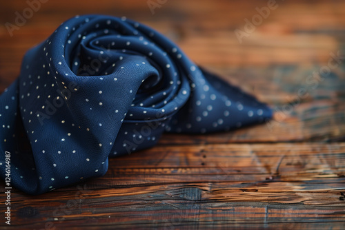 Navy blue ascot with subtle polka dots, draped on a wooden table.