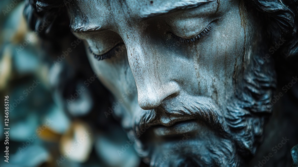 closeup of the face of a statue of jesus christ on a white background closeup of the face of a statue of jesus christ on a white background