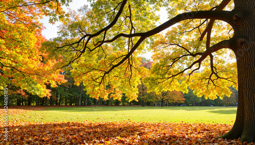 Autumn leaves scattering in peaceful park setting, seasonal beauty