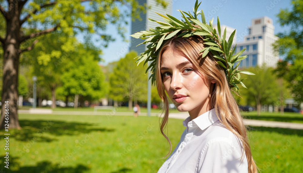 Young woman wearing willow crown in urban park, modern elegance Young woman wearing willow crown in urban park, modern elegance
