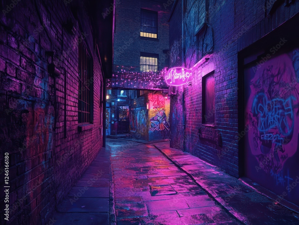 Fototapeta premium Neon-lit alleyway, urban night scene, graffiti, background buildings, city nightlife