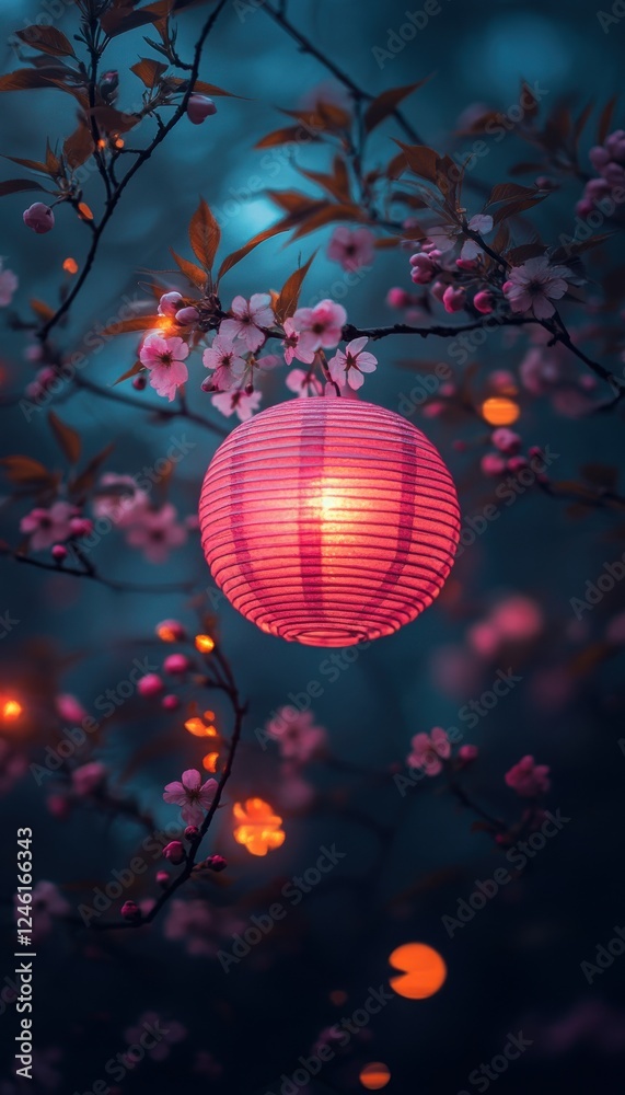 Obraz premium Illuminated paper lantern hanging among blossoming branches at dusk. A serene, magical scene.