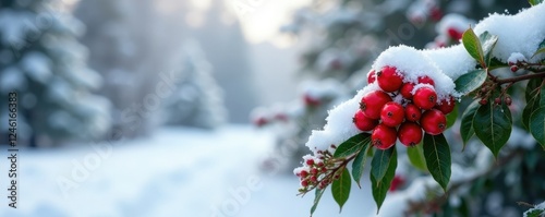 Wallpaper Mural Snowy landscape with clusters of bright red holly berries, winter, holly, festive Torontodigital.ca