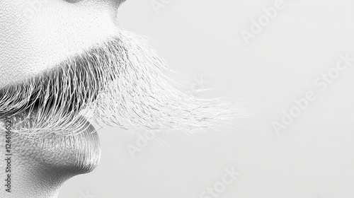 Close-up of a man's white mustache, profile view, simple background, for grooming ads