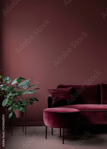 A burgundy velvet sofa with a matching ottoman in front of a deep burgundy wall A large potted plant stands to the left