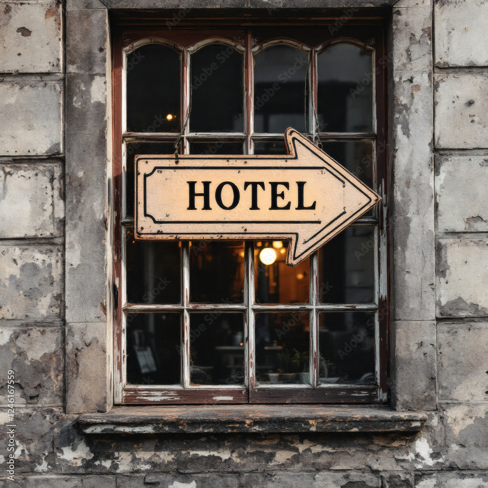 A classic 1900s style hotel sign in an old window, perfect for historic travel, retro design, and vintage-themed projects. A classic 1900s style hotel sign in an old window, perfect for historic travel, retro design, and vintage-themed projects.