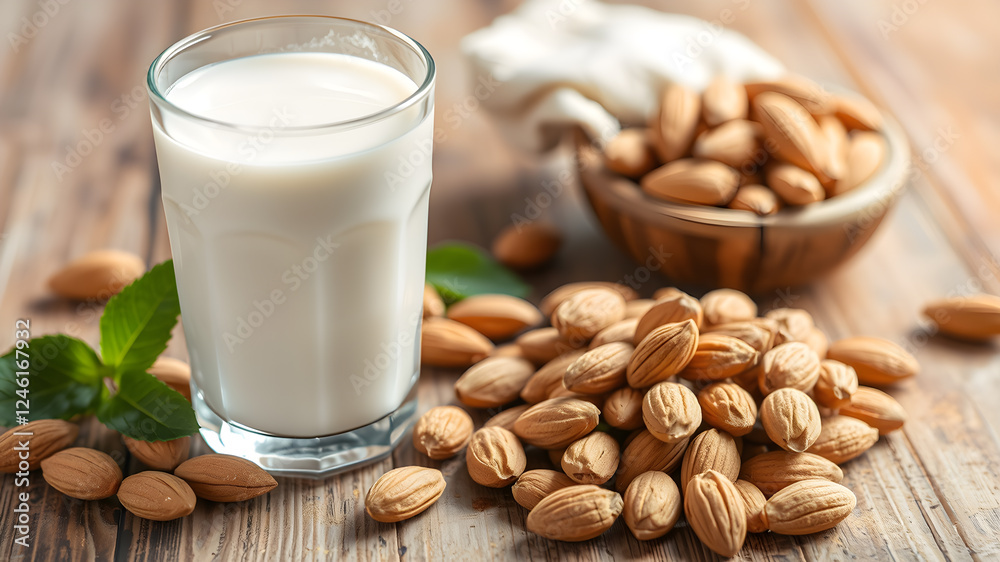 Fresh almond milk in glass and nuts on wooden table, closeup. Space for text. Generative AI Fresh almond milk in glass and nuts on wooden table, closeup. Space for text. Generative AI