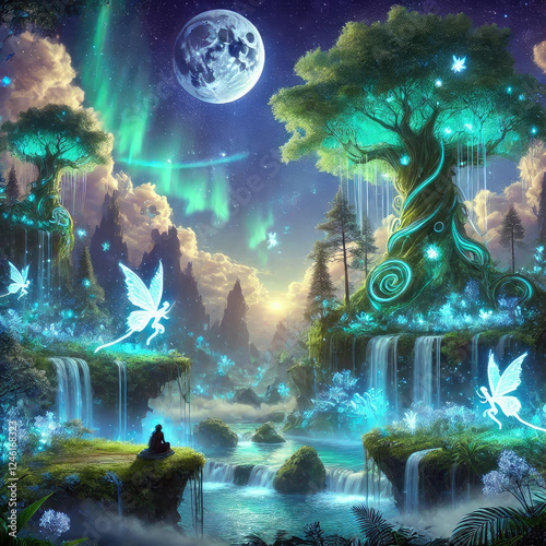 Magical fantasy world with glowing bioluminescent trees and waterfalls under twin moons, dreamy ethereal landscape.