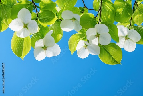 White dogwood flowers in full bloom with vibrant green leaves under a clear blue sky creating a serene and peaceful natural scene perfect for springtime concepts photo