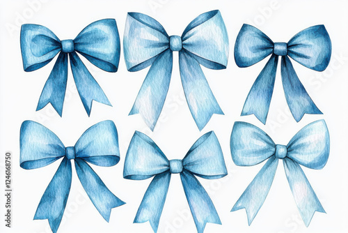 A collection of six elegant blue bows in watercolor style, perfect for design projects. isolated on white background.
