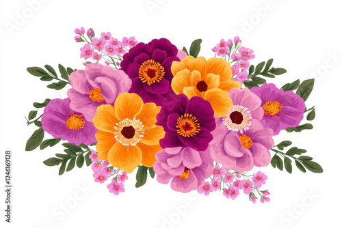 A vibrant bouquet of colorful flowers in various shades and lush greenery. isolated on white background.