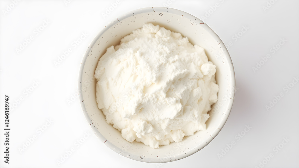 Fresh coconut flour in bowl isolated on white, top view. Generative AI Fresh coconut flour in bowl isolated on white, top view. Generative AI