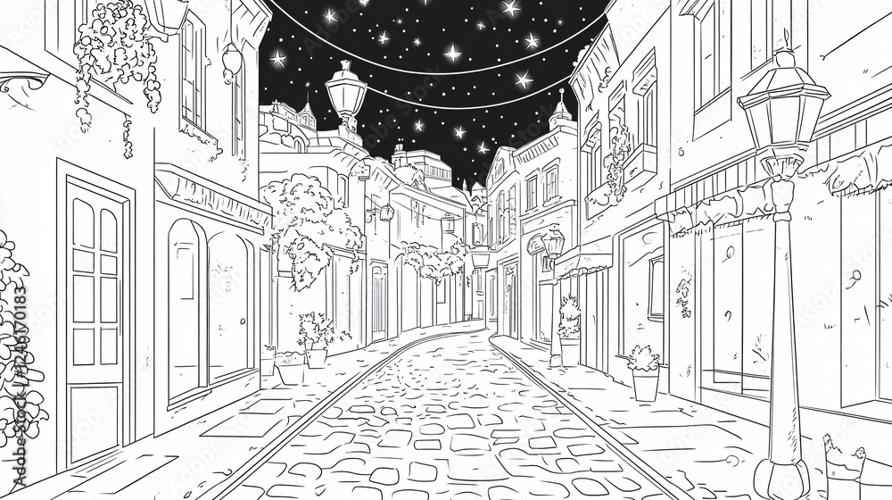 Obraz premium Intricate black and white line drawing of a European-style street at night with hanging lights and cobblestone pavement 