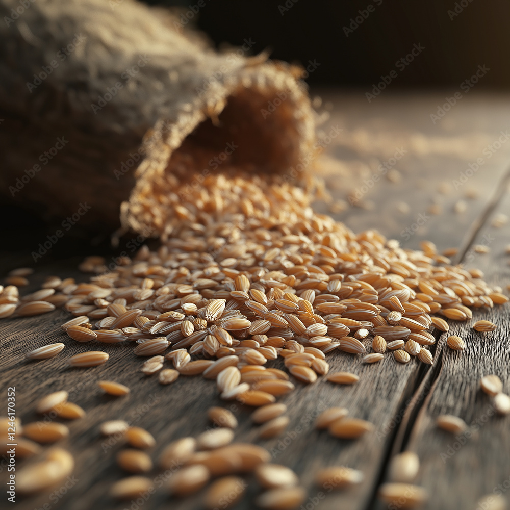 Obraz premium Grains spilling from woven sack onto rustic wooden table, showcasing their natural texture and color. warm lighting enhances organic feel of scene