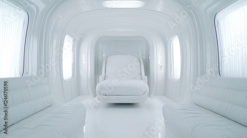 Futuristic white capsule room, relaxation space, interior design photo