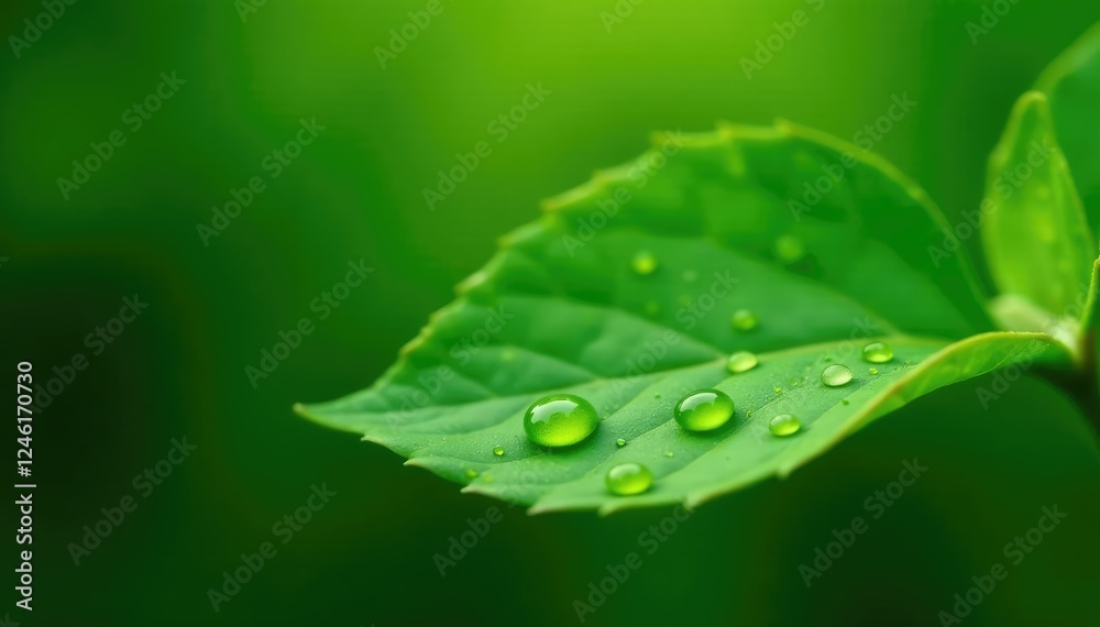 Obraz premium Tiny droplets on a lush green leaf against a natural background, purity, green leaf, organic