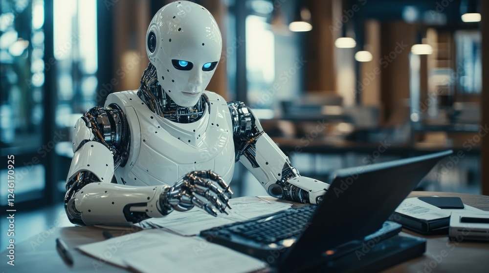 Fototapeta premium Humanoid robot working on laptop in modern office.