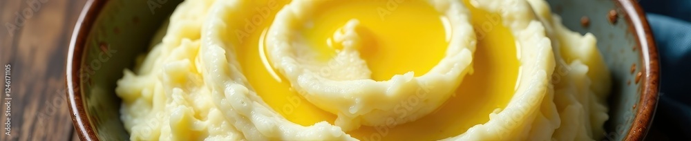 Overhead shot of a plate of mashed potatoes with melted butter drizzled on top, indulgent, aromatic, savory Overhead shot of a plate of mashed potatoes with melted butter drizzled on top, indulgent, aromatic, savory