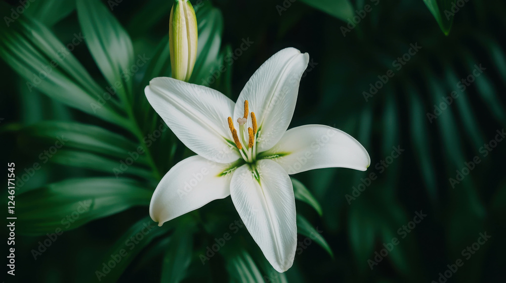 Macro Shot of a Blooming White Lily with Delicate Petals on Green Background Macro Shot of a Blooming White Lily with Delicate Petals on Green Background