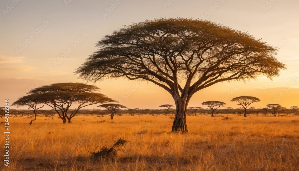 Golden Hour in a Savanna with Acacia Trees Golden Hour in a Savanna with Acacia Trees