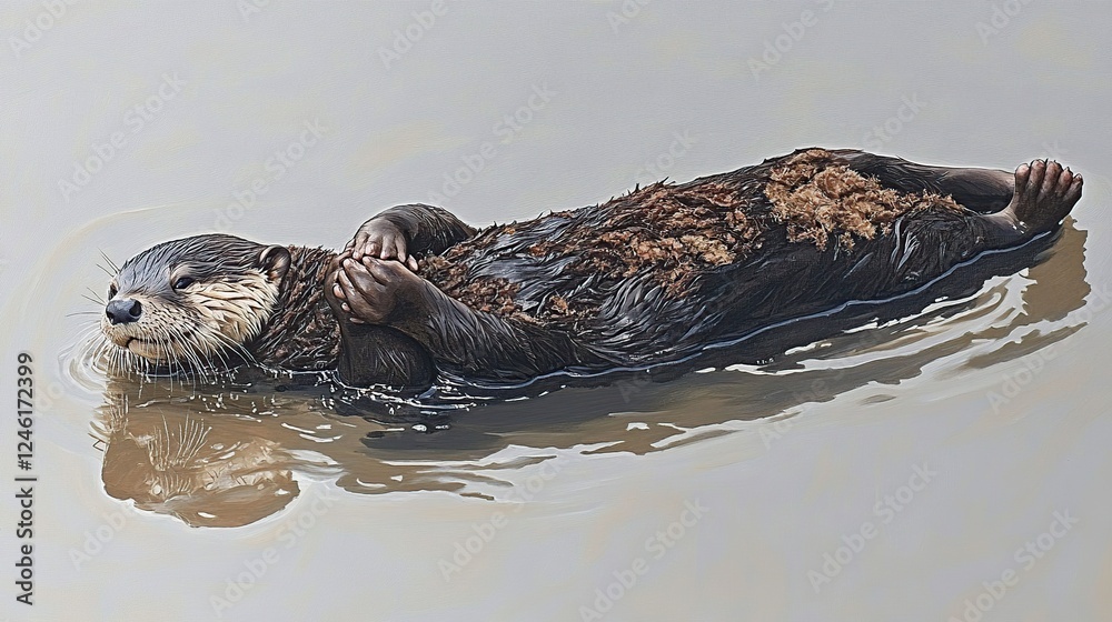Fototapeta premium Otter floats calmly in murky water, reflecting its serene image
