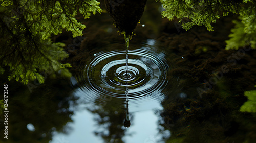 A single drop of water falling into a still pond, creating concentric ripples, symbolizing the impact of small actions