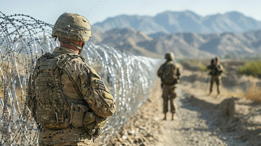 Military Personnel Establishing a Secure Perimeter in a Desert Environment Military Personnel Establishing a Secure Perimeter in a Desert Environment