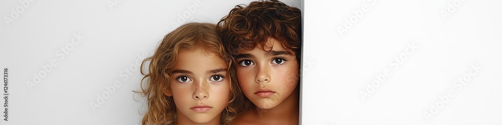 Fototapeta premium Two Children, Brother And Sister, Peeking Around A Blank White Wall In A Studio Setting