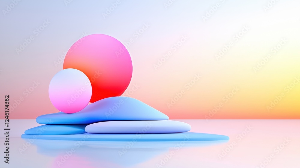 Abstract 3D Render of Pastel Spheres and Smooth Shapes on a Sunset Background Abstract 3D Render of Pastel Spheres and Smooth Shapes on a Sunset Background
