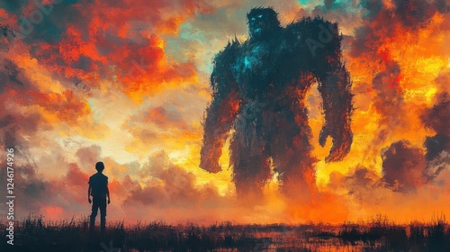 david and goliath young man with a giant digital watercolor painting