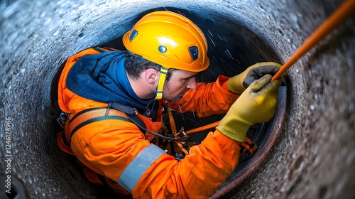 Wind turbine maintenance worker in bright orange protective gear and harness conducting a safety inspection inside the nacelle of the wind turbine as rain trickles in from an open hatch