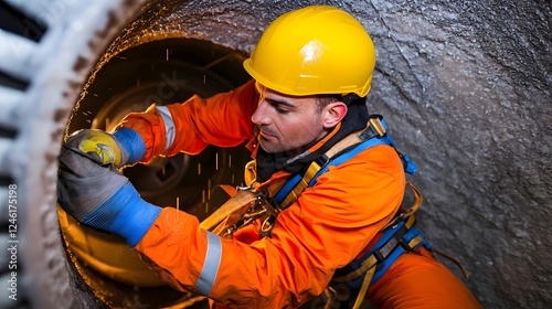 Wind Turbine Maintenance Worker in Bright Orange Protective Gear and Harness Performing a Thorough Safety Inspection Inside the Nacelle as Rain Trickles in from an Open Hatch