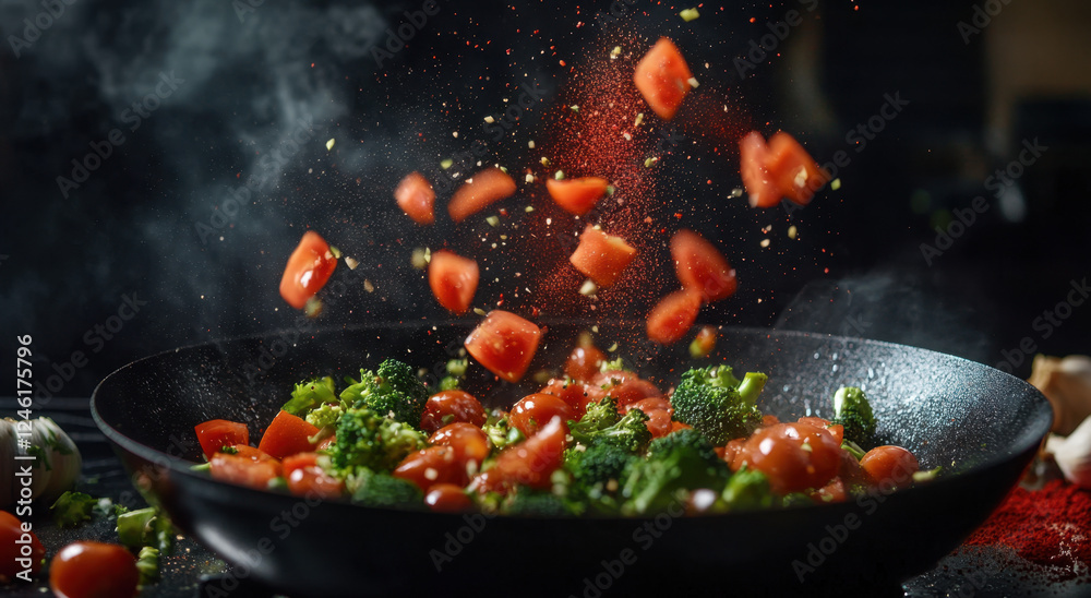 Broccoli and tomatoes are being sautéed in a skillet with spices, creating a flavorful and vibrant dish in a warm kitchen environment Broccoli and tomatoes are being sautéed in a skillet with spices, creating a flavorful and vibrant dish in a warm kitchen environment