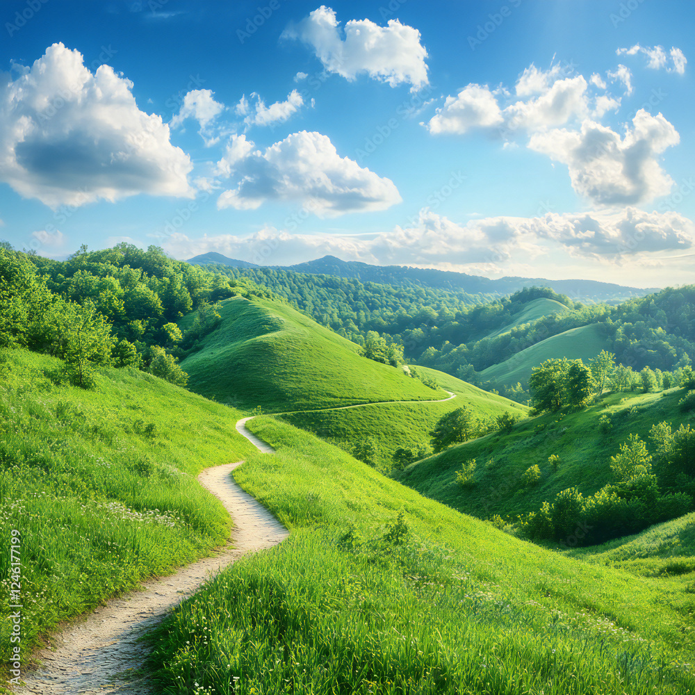 custom made wallpaper toronto digitalfairytale forest paths green hills against a blue sky with clouds