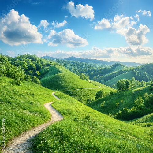 Wallpaper Mural fairytale forest paths green hills against a blue sky with clouds Torontodigital.ca