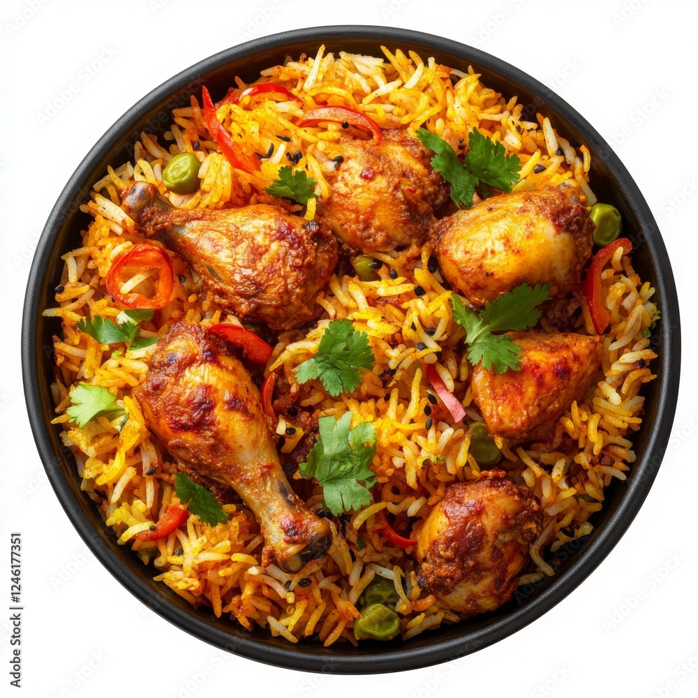 Spicy Chicken Biryani, Indian Cuisine, Restaurant Food, Overhead Shot, White Background, Menu Spicy Chicken Biryani, Indian Cuisine, Restaurant Food, Overhead Shot, White Background, Menu