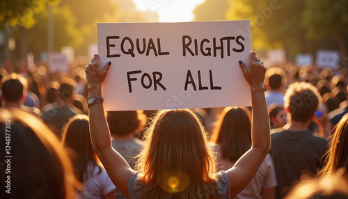 A crowd of women holding an “Equal Rights for All” sign, advocating for gender equality and justice.