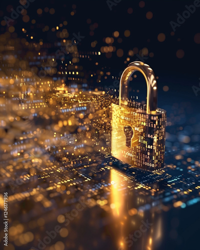 Metallic padlock dissolving into data particles
