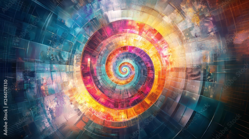 Vibrant abstract spiral with glowing, multicolored tiles creating a futuristic, dynamic vortex effect, blending technology and energy in a mesmerizing composition. AI generative. Vibrant abstract spiral with glowing, multicolored tiles creating a futuristic, dynamic vortex effect, blending technology and energy in a mesmerizing composition. AI generative.