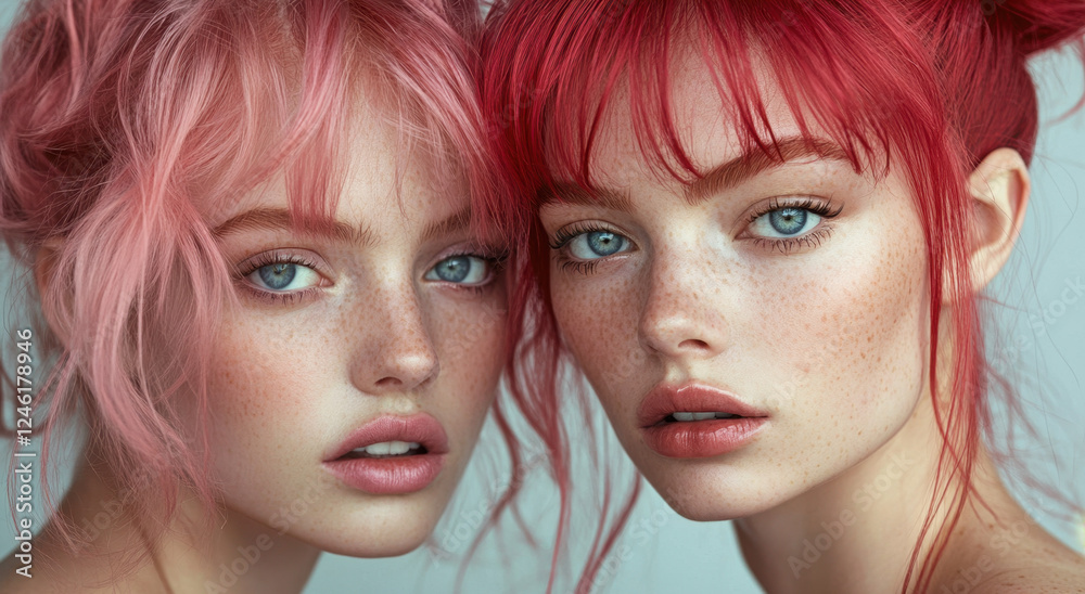 Two beautiful models with pink hair express elegance and charm through their captivating expressions in a studio setting Two beautiful models with pink hair express elegance and charm through their captivating expressions in a studio setting