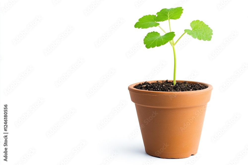 small pot from which sprouts a green stem, small fan-shaped green leaves. small pot from which sprouts a green stem, small fan-shaped green leaves.