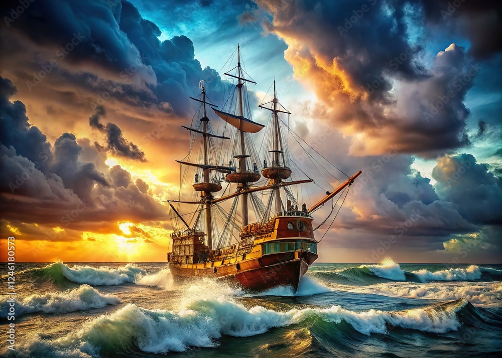 Fototapeta premium AI-generated pirate ship, tempestuous waves, rule of thirds composition.