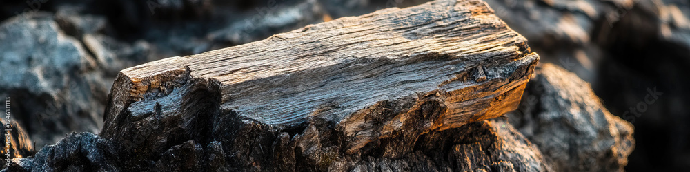 Weathered Wood Piece on Charred Wood Surface Weathered Wood Piece on Charred Wood Surface